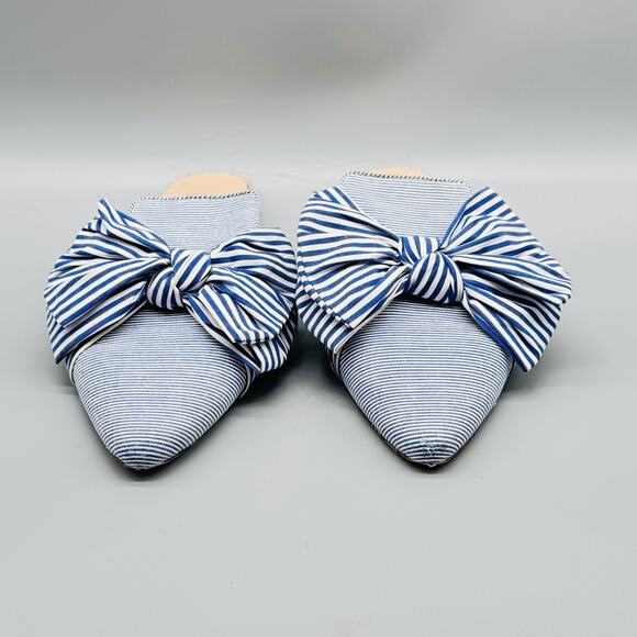 J Crew Sandals Womens 8.5 Blue White Stripes Mules Bow Pointed Toe Slides Flat - Picture 3 of 12